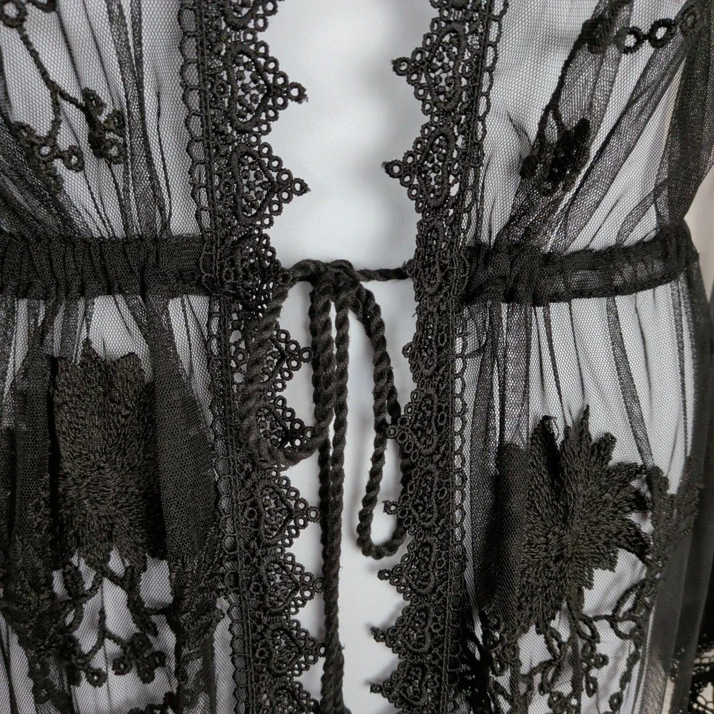 Whimsigoth Fairy Sheer Mesh Floral Embroidered Duster Kimono Robe